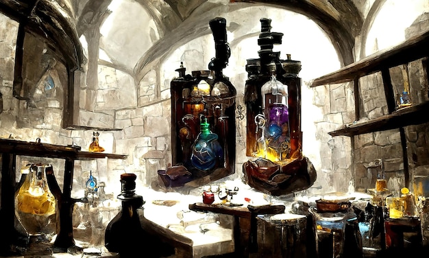 Alchemist tafel productie van magische drankjes en elixer gekleurde flessen en kolven zijn op de tafel van de alchemistische tovenaar fantasy sprookje 3d illustratie