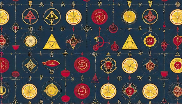 Alchemy Symbols in Vibrant Crimson Lemon and Slate Blue Abstract Wallpaper