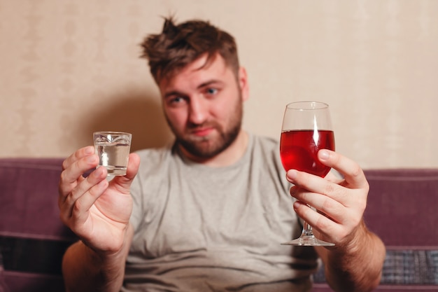 Alcohol addicted man after hard drinking