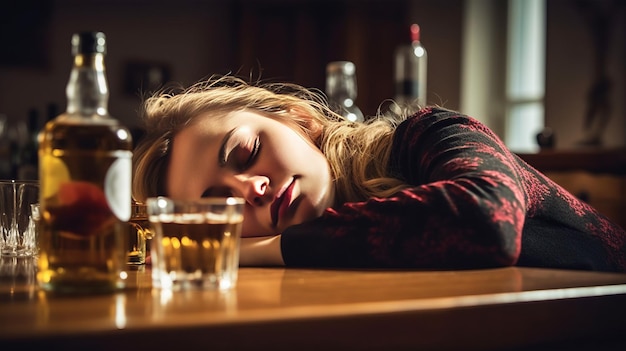 Alcohol addicted woman sleeping at the table