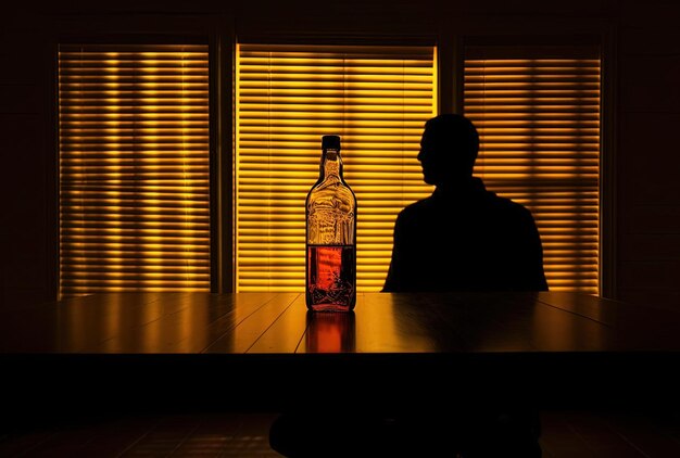 an alcohol bottle reflects the silhouette of a man sitting across the table in the style of amber