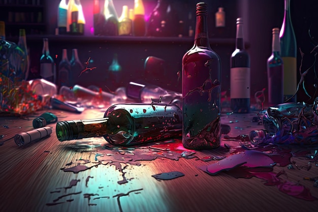 Alcohol bottles and spilled wine remain after party in room of nightclub created with generative ai