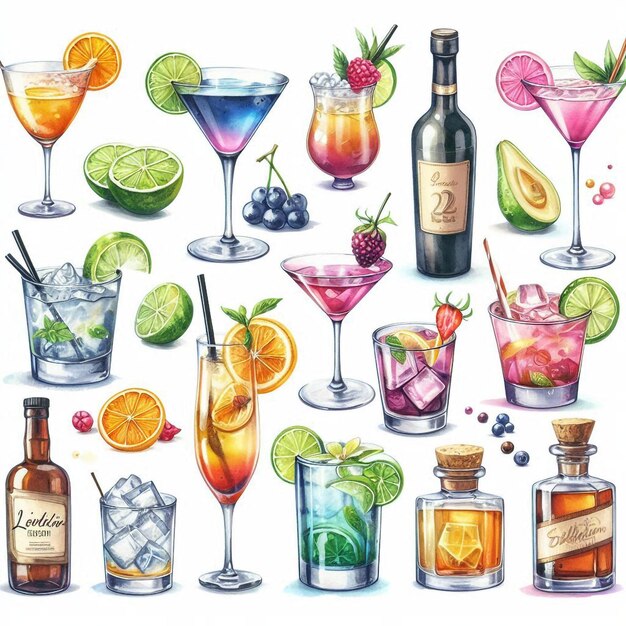 Photo alcohol cocktail collection watercolor illustration drinks clipart
