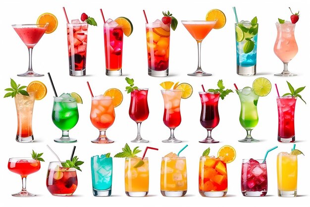 Photo alcohol cocktail mocktail many assorted different range types isolated on white background