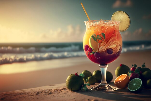 Alcohol coctail with fruits on summer beach