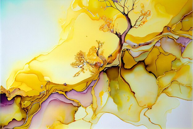 Alcohol ink painting yellow and purple abstract Pastel tones with golden cracks background