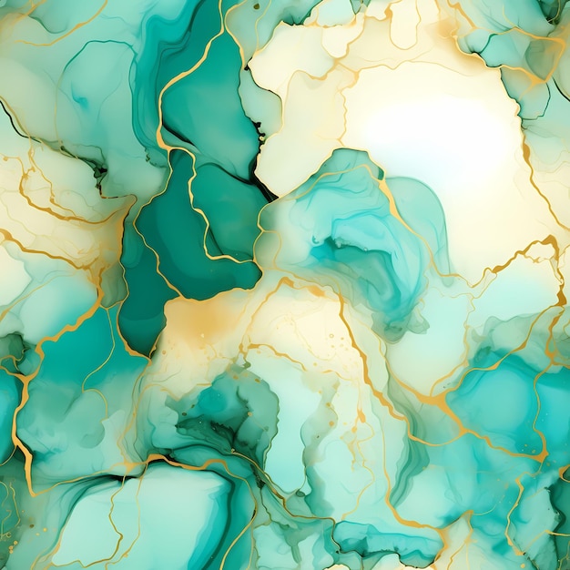 Alcohol ink teal color seamless pattern dreamy feel with gold dust on
