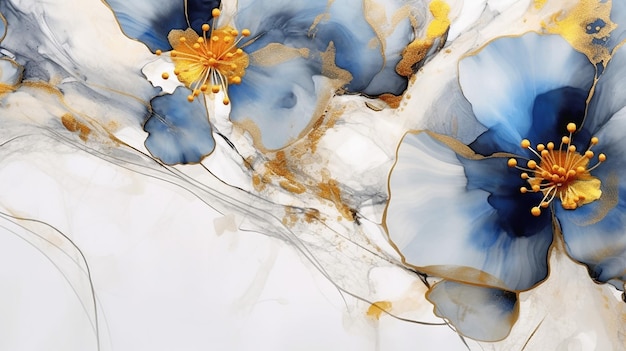 Alcohol inks flower with blue and gold on white background Generative AI