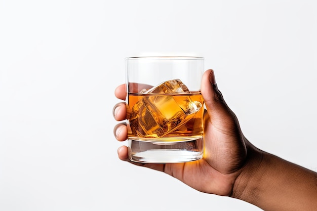 Alcohol sampling with a glass held over white background for ads on party and holidays