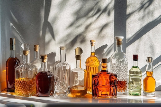Алкогольные напитки в бутылках и кастрюлях на полке под солнечным светом с тенями на белой стене