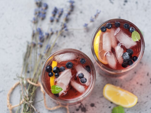 Alcoholic blueberry cocktail with lavender gin and tequila or blueberry Mojito