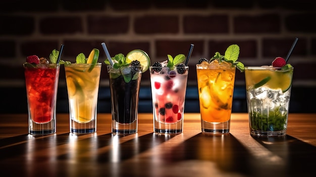 AI 생성으로 만든 다채로운 파티 음료 바 테이블의 알코올 칵테일 행