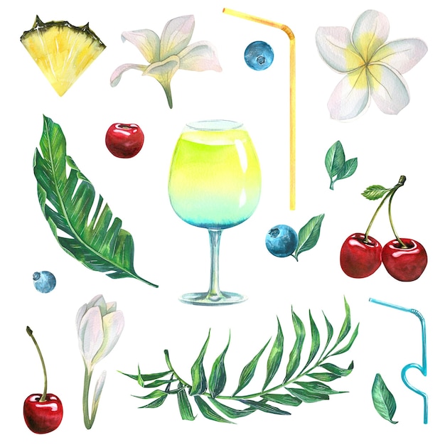 Alcoholic cocktail with cherries blueberries pineapple tropical leaves plumeria flowers and cocktail tubes Watercolor illustration A set from the BEACH BAR collection For decoration and design