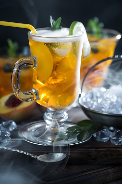 Фото Алкогольный коктейль с фруктами и льдом