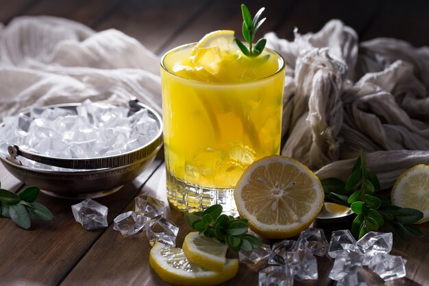 Alcoholic cocktail with fruit and ice