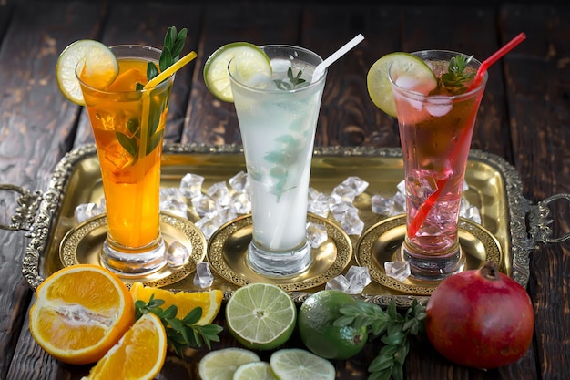 Alcoholic cocktail with fruit and ice