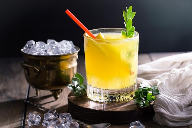 Alcoholic cocktail with fruit and ice