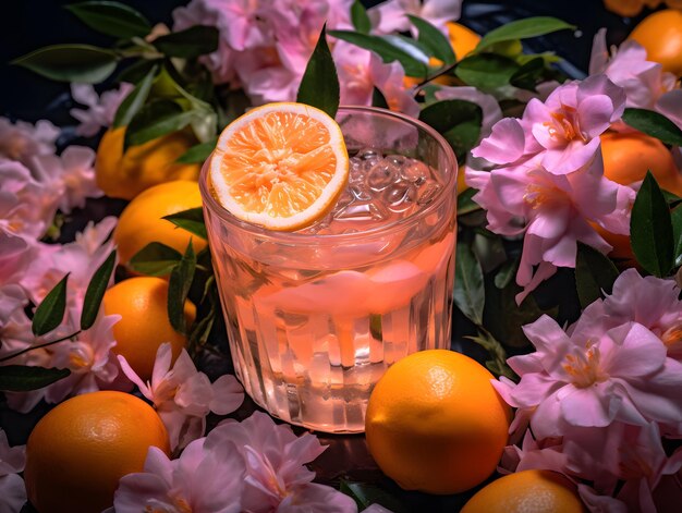 Alcoholic cocktail with ice and lemon or Glass of orange lemonade with ice and mint