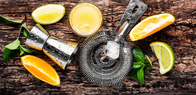 Alcoholic cocktails on wooden table