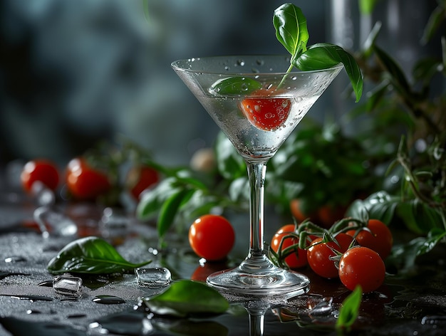美しいガラスのアルコール飲料カプリ マティーニ シーザー カクテル トマト バジル ウォッカ