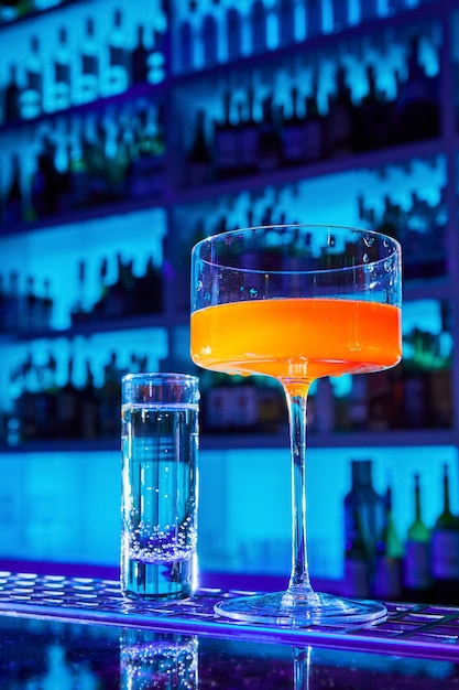 Alcoholic drink and cocktail on the bar counter of a nightclub