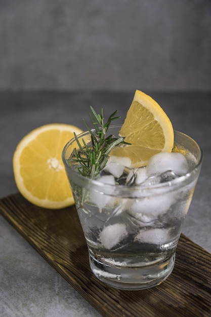 Alcoholic drink gin tonic cocktail with lemon, rosemary and ice 