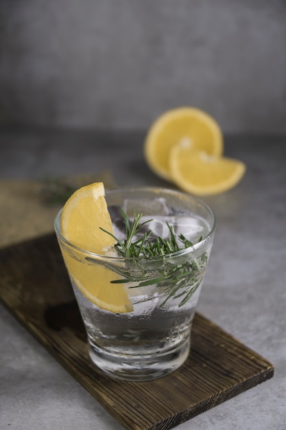 Alcoholic drink gin tonic cocktail with lemon, rosemary and ice 