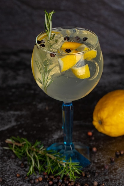 Alcoholic drink gin and tonic cocktail with lemon rosemary pepper and ice