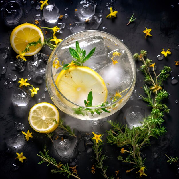 Photo alcoholic gin tonic drink with ice and lemon on a beautiful background top view job id 05a8bb80749842479223dbdd63dde4ee