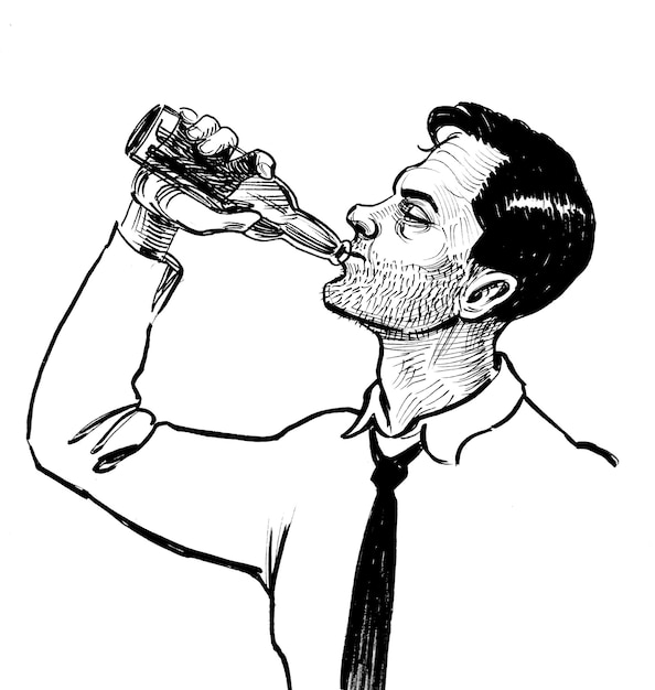 Alcoholic man drinking a bottle of beer. Ink black and white drawing