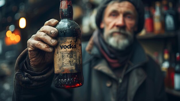 Alcoholic A man is holding a bottle of vodka