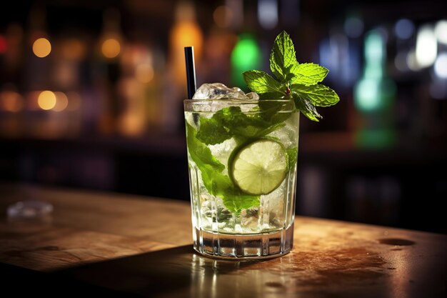 Alcoholic mojito with ice and mint on bar table