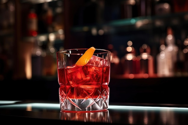 Alcoholic negroni cocktail on the bar counter in the night club