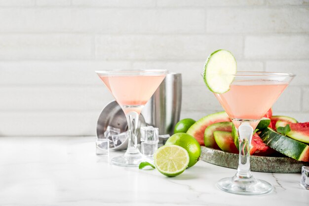 Alcoholic summer beverage, watermelon martini cocktail, with fresh lime and mint