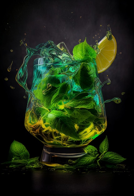 Alcoholische cocktail met munt en citroen scheutje water op een donkere achtergrond