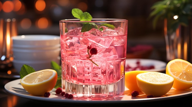 Alcoholische roze cocktail met citroen en ijs in een glas op een witte tafel