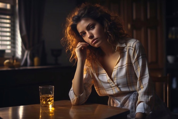 Фото Алкоголизм зависимость от алкоголя и люди концепция пьяная женщина или женщина алкоголик пить виски