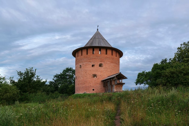 Alekseevskaya White Tower on a summer morning Veliky Novgorod Russia
