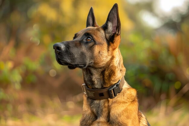 Alert Belgian Malinois Dog Wearing a Collar Sitting in Nature with Blurred Background Focus on