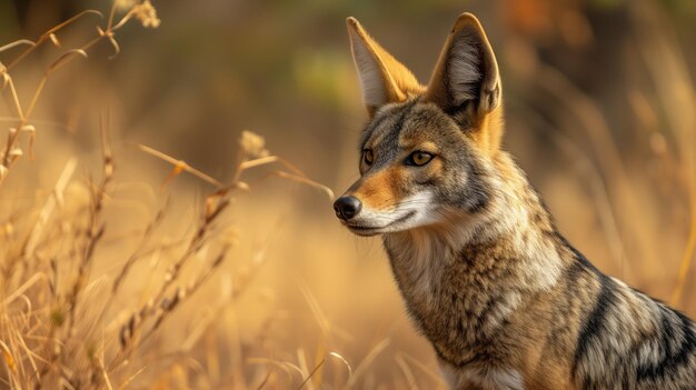 Alert coyote in a dry grass field