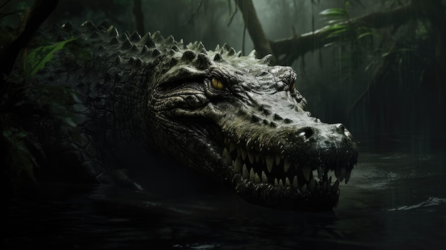 An alert crocodile gliding stealthily through a dark junglecovered river