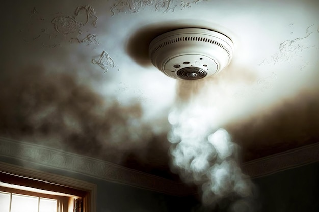 Alert and fire check smoke alarm installed on ceiling