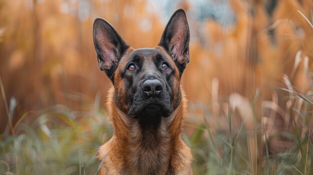 Alert German Shepherd Dog Sitting in Golden Autumn Field with Ears Erect and Attentive Gaze