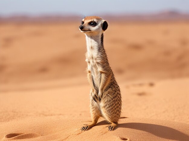 Photo alert meerkat against desert sand backdrop