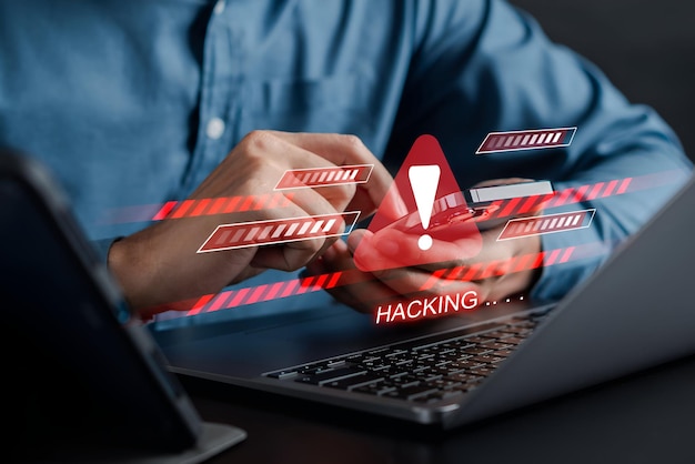Alert System hacked popup on screen spam virus with warning caution for notification on internet security protect code and cyber security and phishing spyware and compromised information