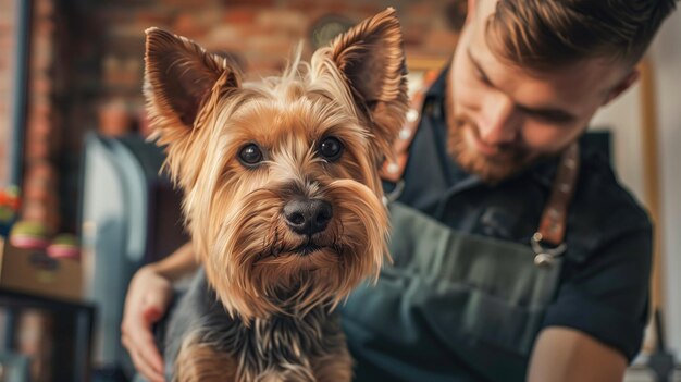 Alert Yorkshire Terrier wordt verzorgd met een wazige achtergrond