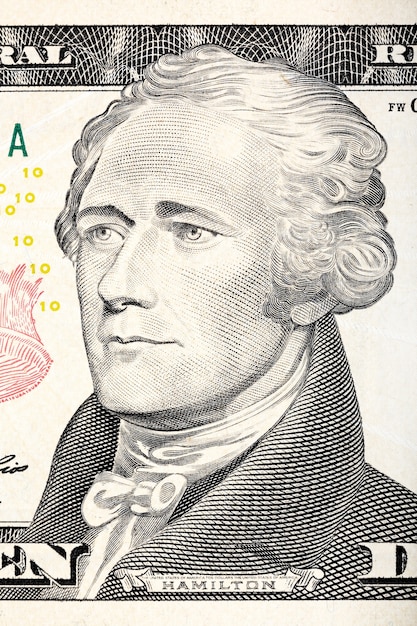 Alexander Hamilton portrait from ten dollar bill close-up. High resolution photo.