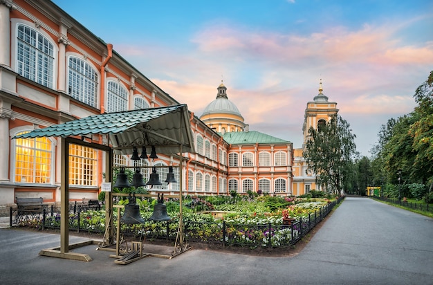 The Alexander Nevsky Lavra in St. Petersburg on a summer evening and the belfry with bells