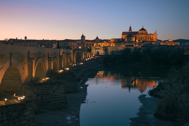 Algemeen beeld van de kathedraalmoskee van Cordoba en de Romeinse brug 's nachts