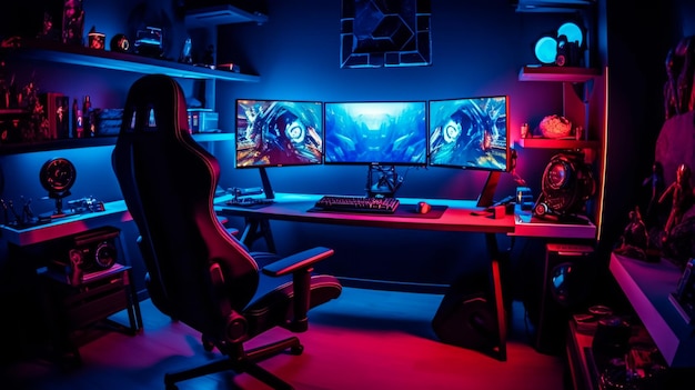 Algemeen beeld van de thuiswerkplek van pro gamer met professionele gaming-opstelling op desktop Moderne powerf